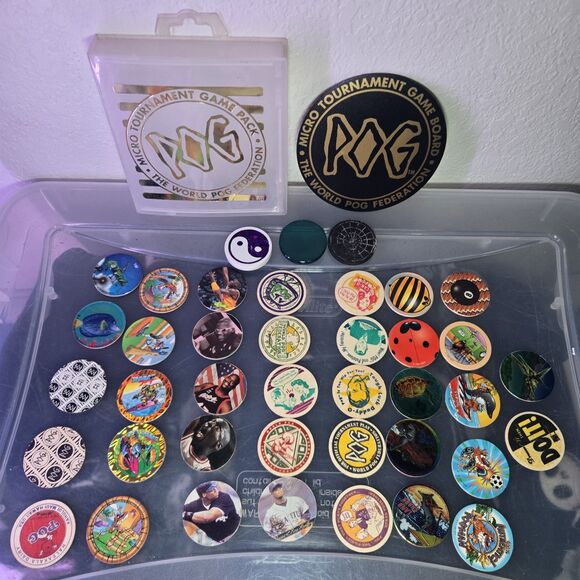 Vintage 1990s POG Lot WPF 30+ Milk Caps Slammers Case & Game Board Shaq Griffey - Picture 1 of 5